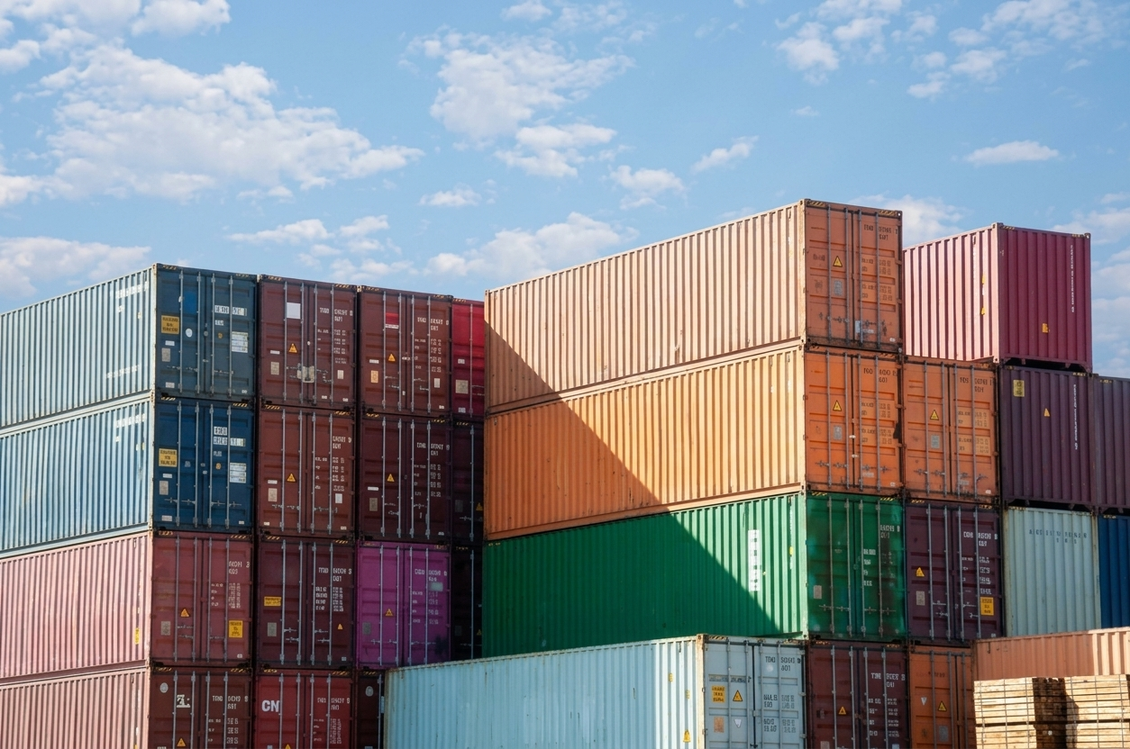 Stacks of colorful shipping containers against a blue sky with fluffy clouds.