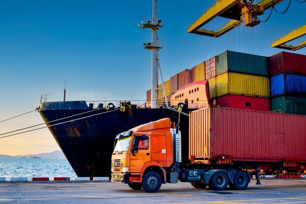 Truck loading shipping container from a cargo ship at a dock.