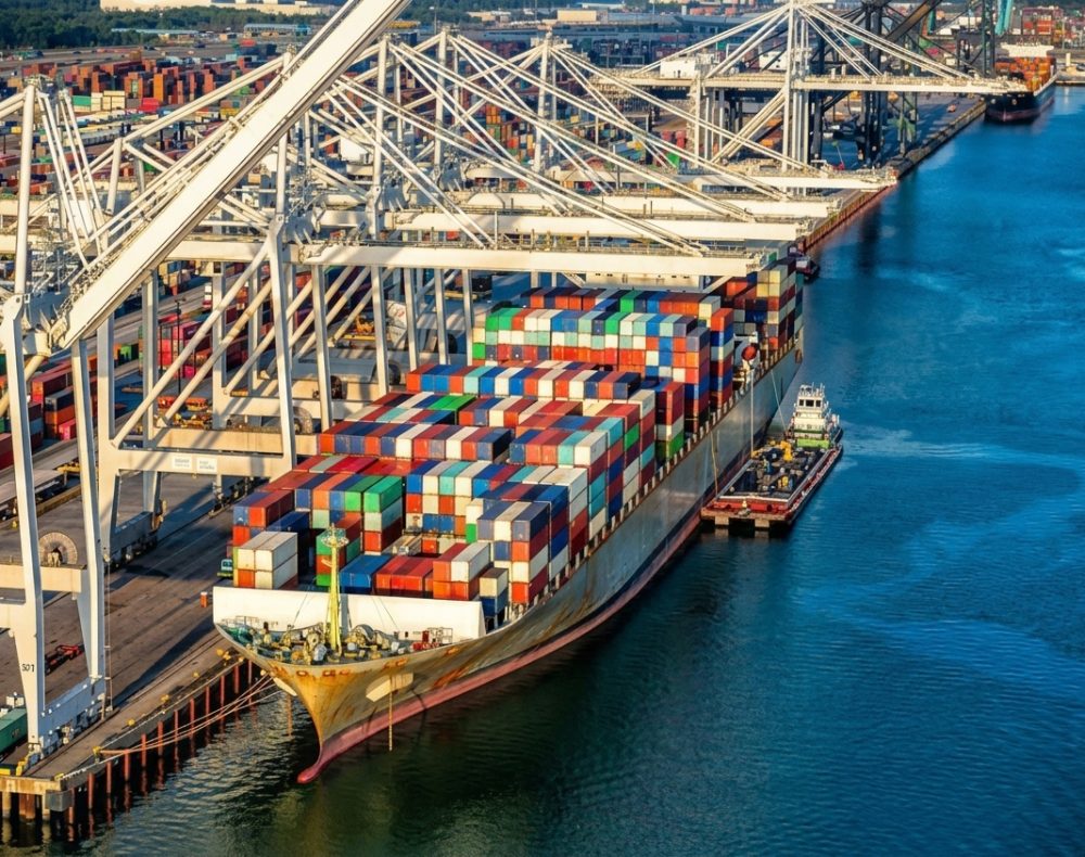 Cargo ship docked at port, loading containers, blue water, overhead cranes.