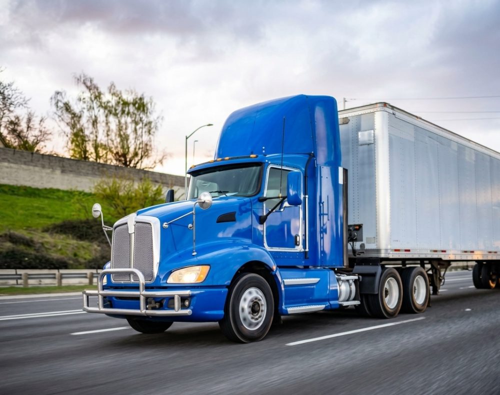 Blue semi-truck driving on a highway, hauling a silver trailer. Cloudy sky in background.