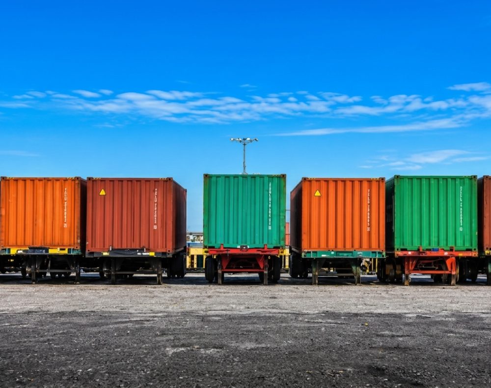 Shipping containers on trailers under a blue sky.
