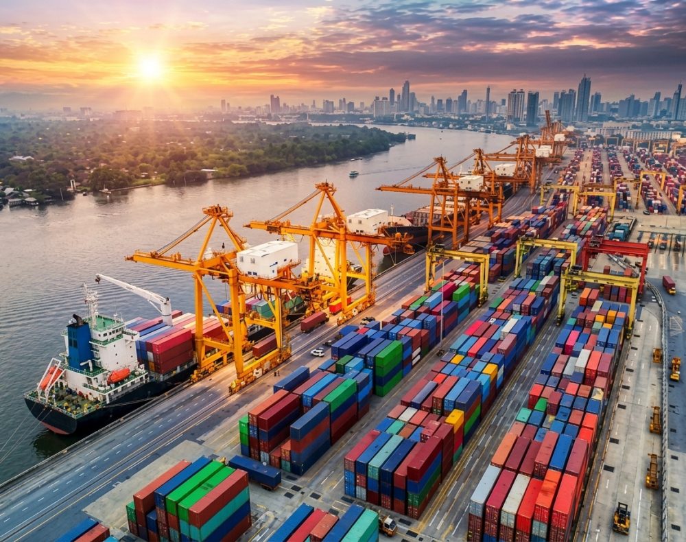 Cargo ship at a port being loaded/unloaded by cranes; shipping containers in rows, sunset.