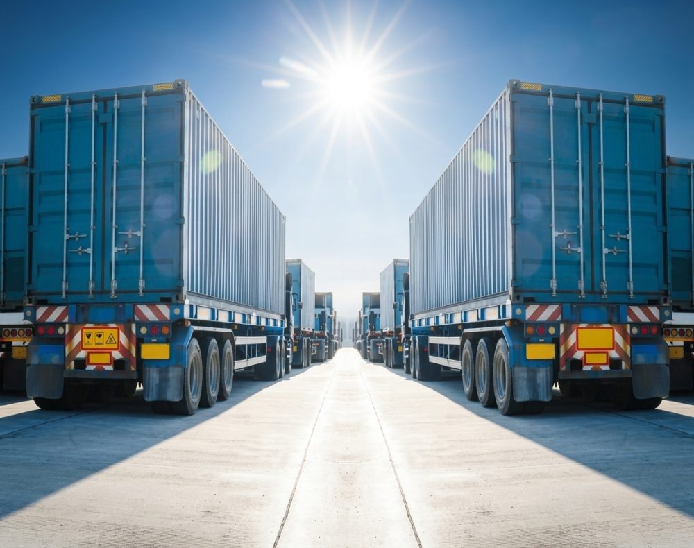 Trucks with blue shipping containers parked in rows under a bright sun.