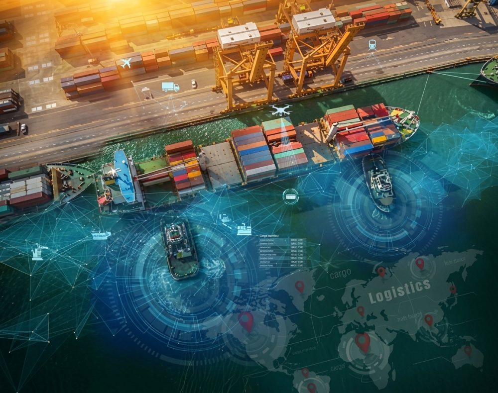 Aerial view of cargo ship at a port, surrounded by containers, with digital world map overlay.