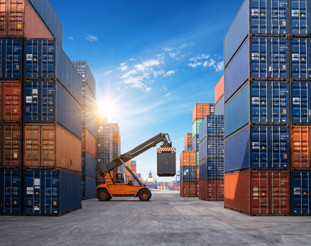 Shipping containers stacked in a port; a forklift loads a container under a bright sky.