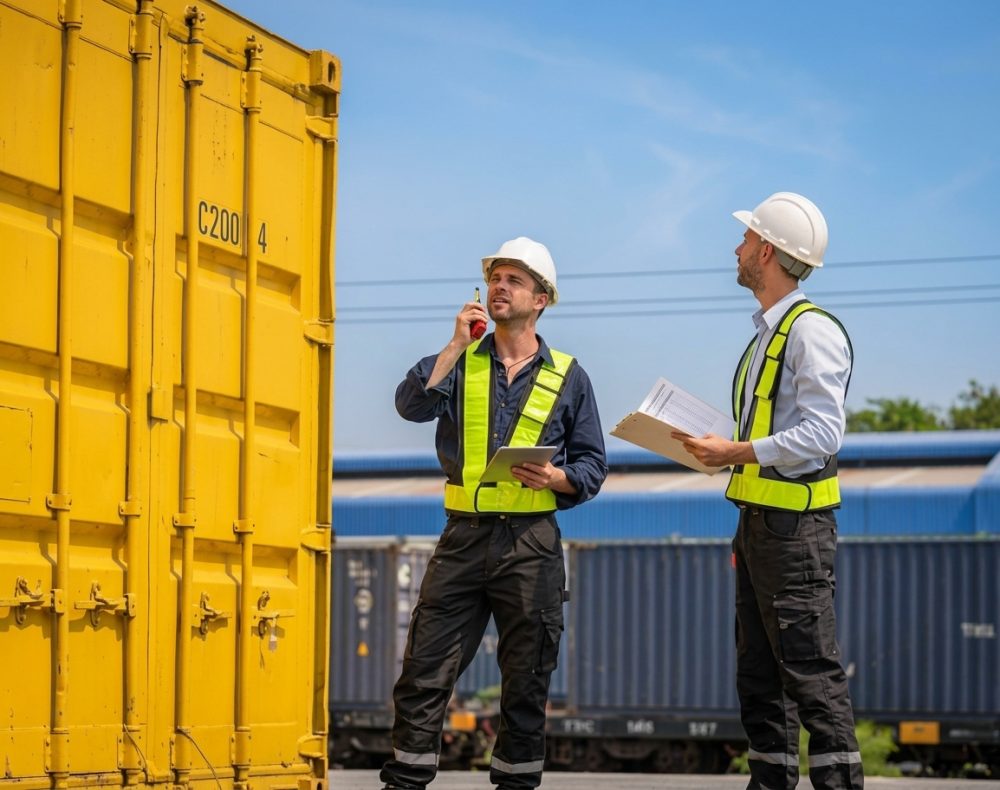 Two people in safety vests and hard hats inspecting a yellow shipping container outdoors.