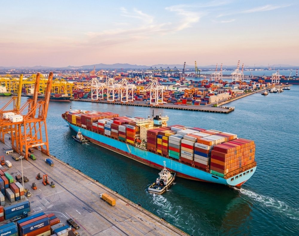 Cargo ship at sea, loaded with colorful shipping containers.