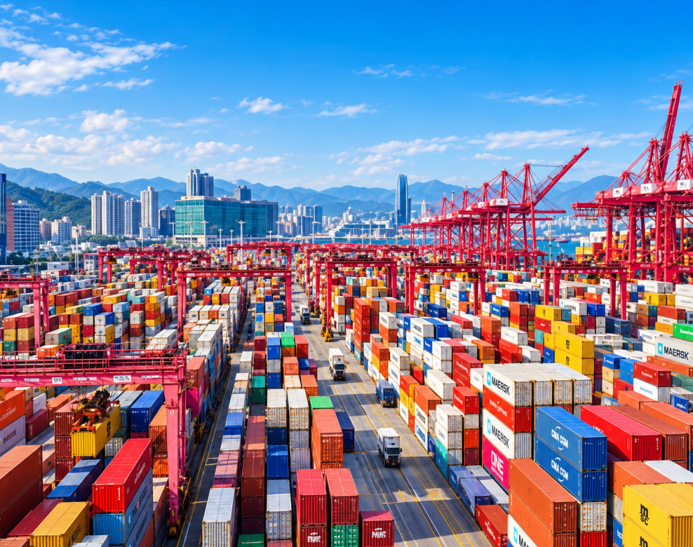 Cargo containers stacked in a bustling port; red cranes, city skyline in background, blue sky.