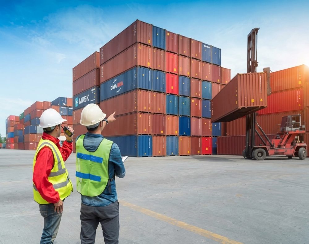 Two workers in safety vests and hard hats at a shipping yard, pointing at stacked cargo containers.