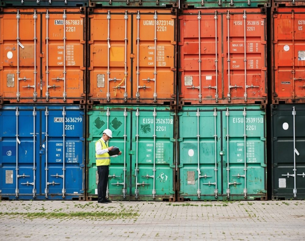 Man in hard hat and vest reviews a tablet in front of stacked, colorful shipping containers.