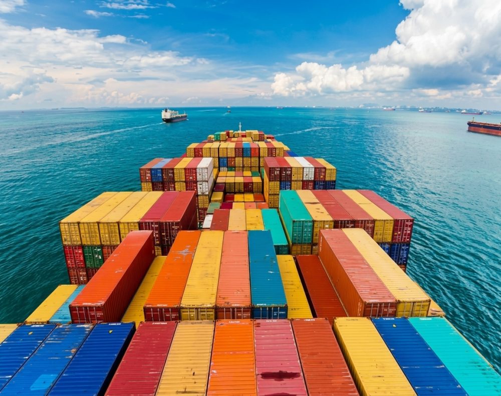 Cargo ship at sea, loaded with colorful shipping containers. Bright blue water, sky.