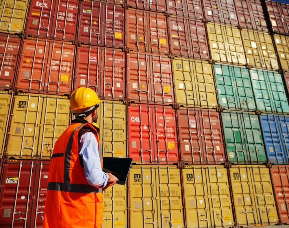Worker in safety vest and helmet checks inventory with laptop in front of colorful shipping containers.
