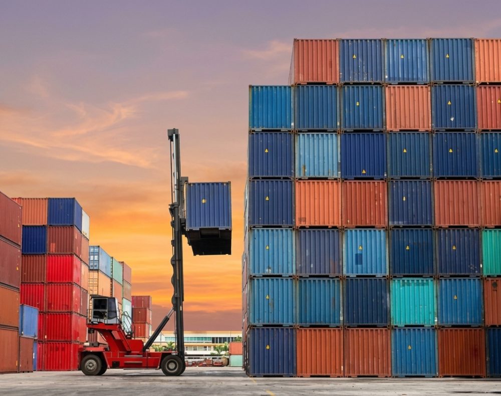 Forklift lifting a blue shipping container in a dockyard, stacked containers in the background, orange sky.
